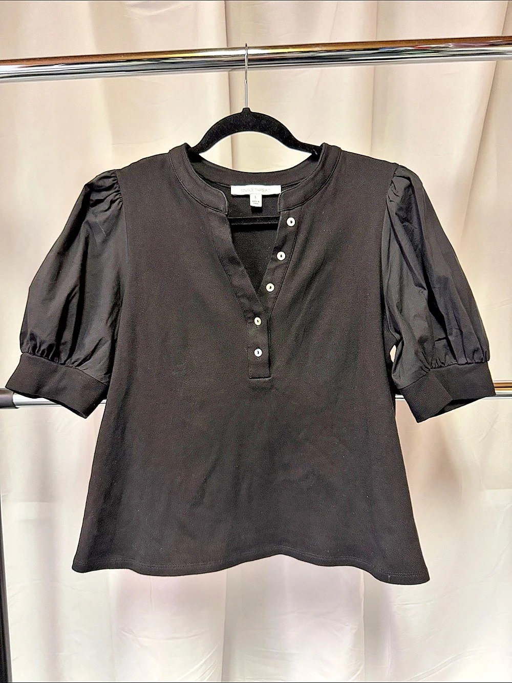 Single Thread womens Puff Sleeve Henley Top in Black Large